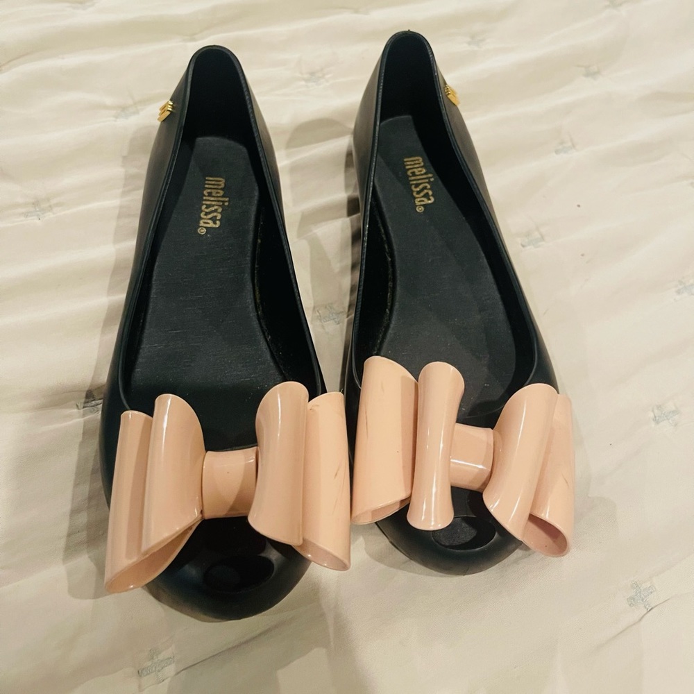 EUC Melissa Jelly Bow Black Pink Flats Size 1